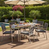 Outdoor Dining Table, 63 Inch Brown Eucalyptus Wood Top, Silver Metal Legs -BM320562