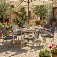 Outdoor Dining Table, 63 Inch Brown Eucalyptus Wood Top, Silver Metal Legs -BM320562