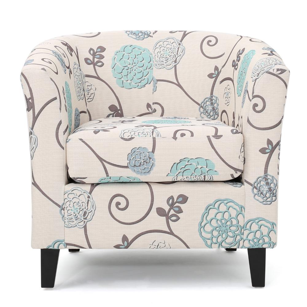 Accent Club Chair, Round Arms, Cream Blue Fabric Floral Details, Birch Wood -BM320565