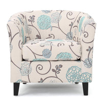Accent Club Chair, Round Arms, Cream Blue Fabric Floral Details, Birch Wood -BM320565
