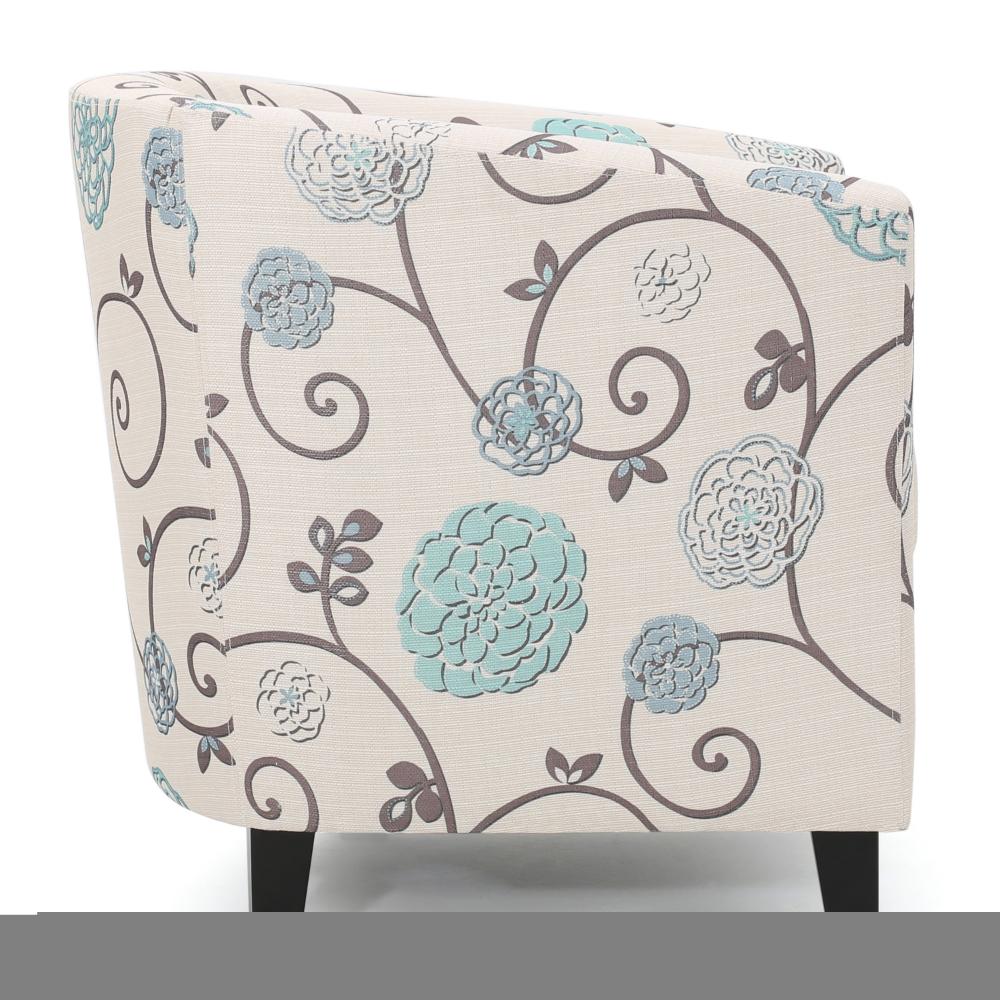 Accent Club Chair, Round Arms, Cream Blue Fabric Floral Details, Birch Wood -BM320565