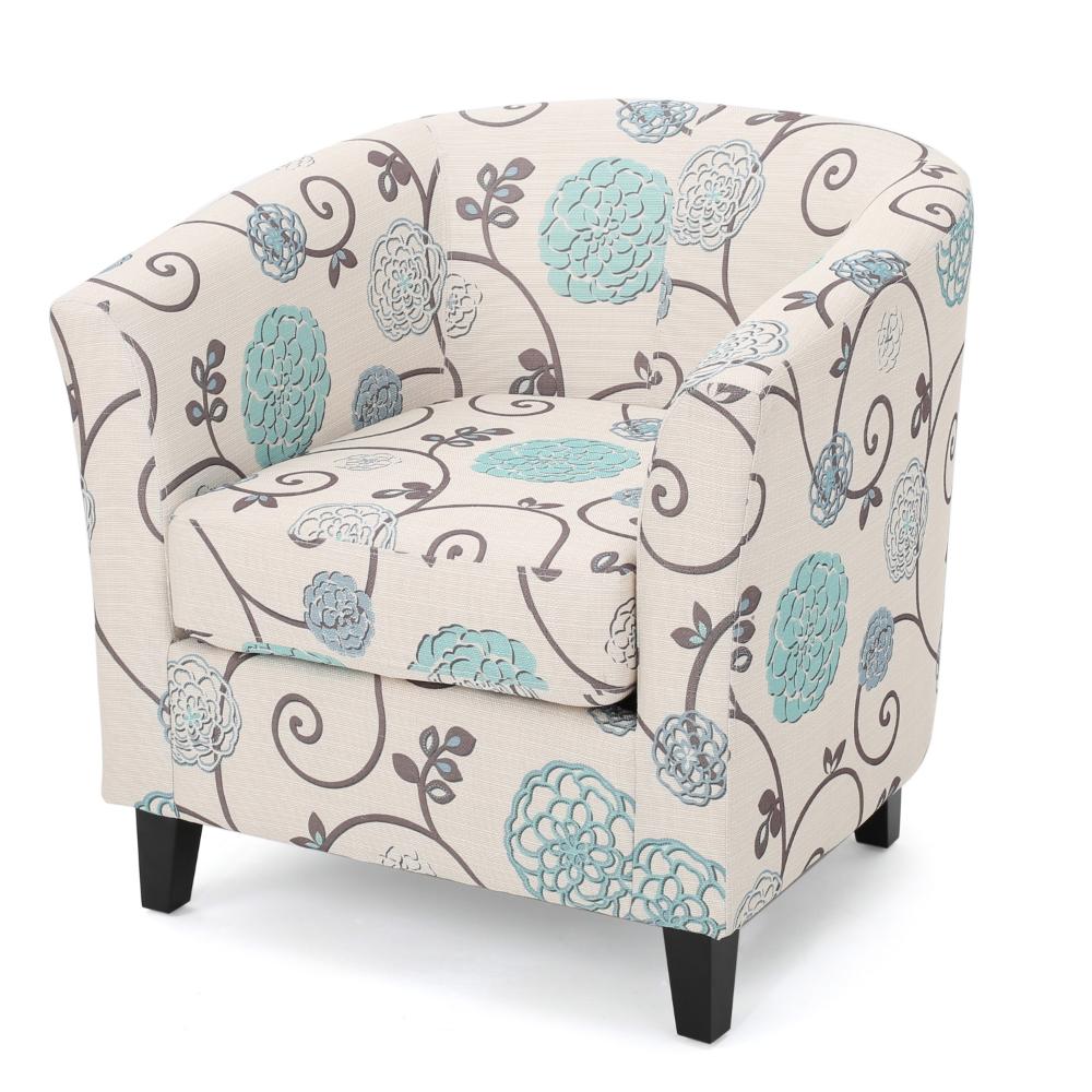 Accent Club Chair, Round Arms, Cream Blue Fabric Floral Details, Birch Wood -BM320565