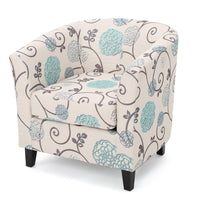 Accent Club Chair, Round Arms, Cream Blue Fabric Floral Details, Birch Wood -BM320565