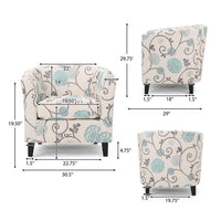 Accent Club Chair, Round Arms, Cream Blue Fabric Floral Details, Birch Wood -BM320565