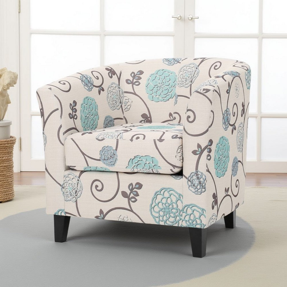 Accent Club Chair, Round Arms, Cream Blue Fabric Floral Details, Birch Wood -BM320565