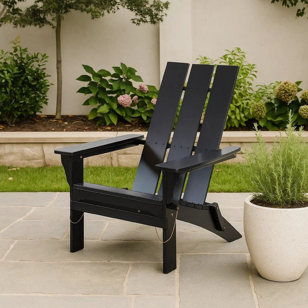 Foldable Outdoor Adirondack Chair, Rustic Black Steel and Acacia Wood -BM320571