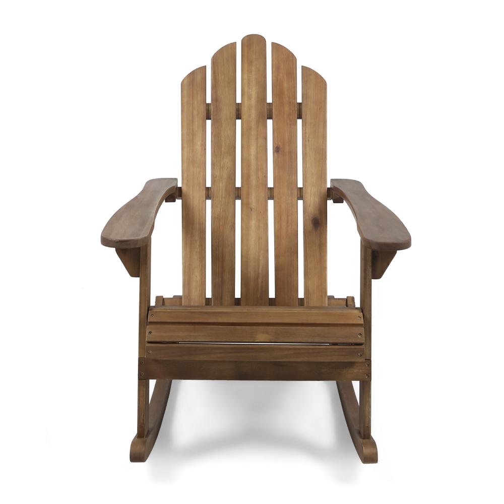 Outdoor Adirondack Rocking Chair, Slatted Back, Slope Arms, Dark Brown Wood -BM320574