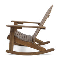 Outdoor Adirondack Rocking Chair, Slatted Back, Slope Arms, Dark Brown Wood -BM320574