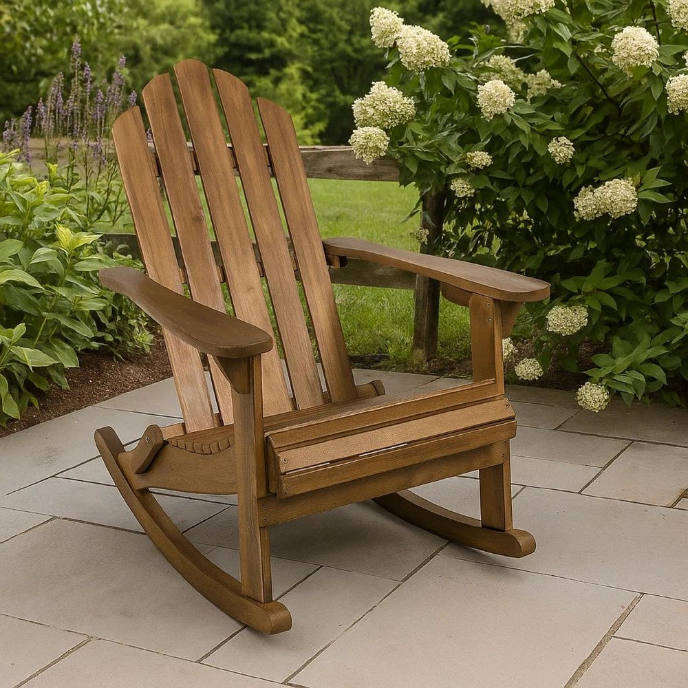 Outdoor Adirondack Rocking Chair, Slatted Back, Slope Arms, Dark Brown Wood -BM320574