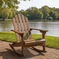 Outdoor Adirondack Rocking Chair, Slatted Back, Slope Arms, Dark Brown Wood -BM320574