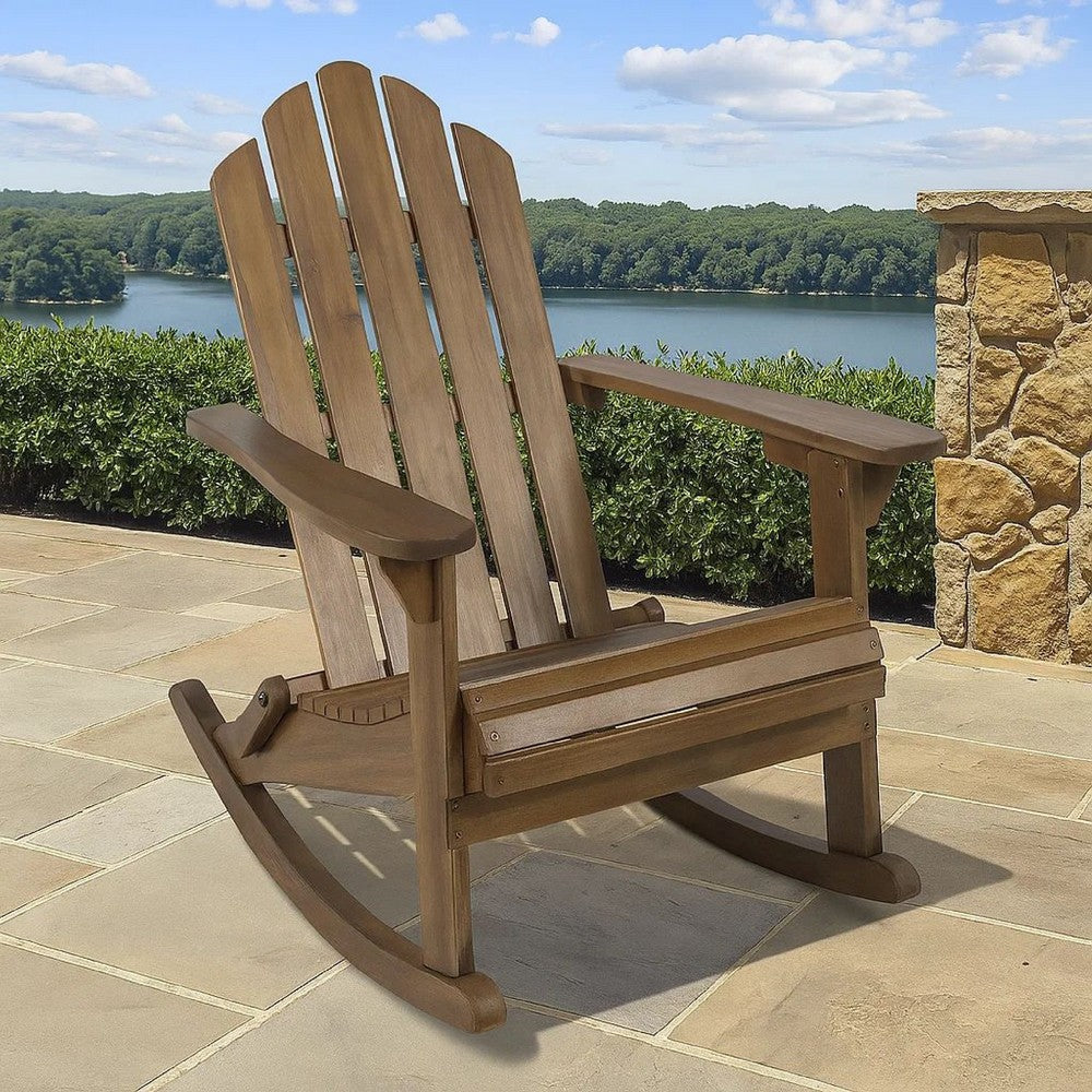 Outdoor Adirondack Rocking Chair, Slatted Back, Slope Arms, Dark Brown Wood -BM320574