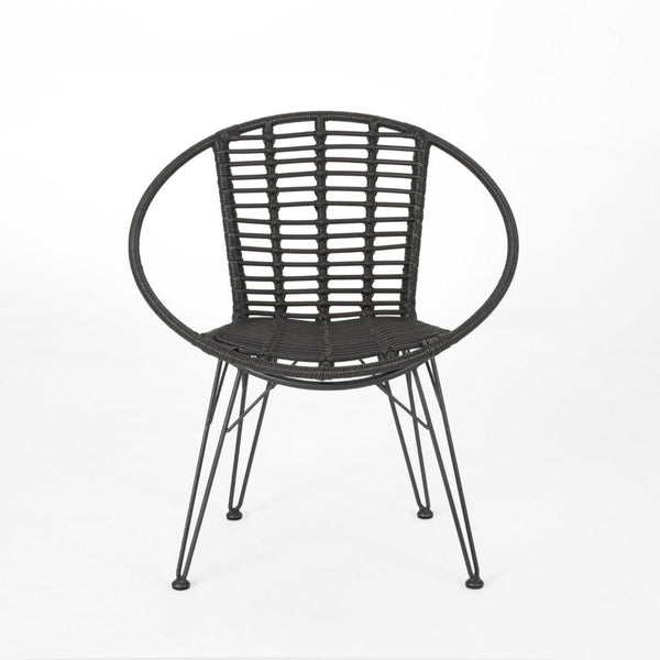 Outdoor Dining Chair Set of 2, Angled Basket Shaped, Gray Rattan, Metal -BM320576