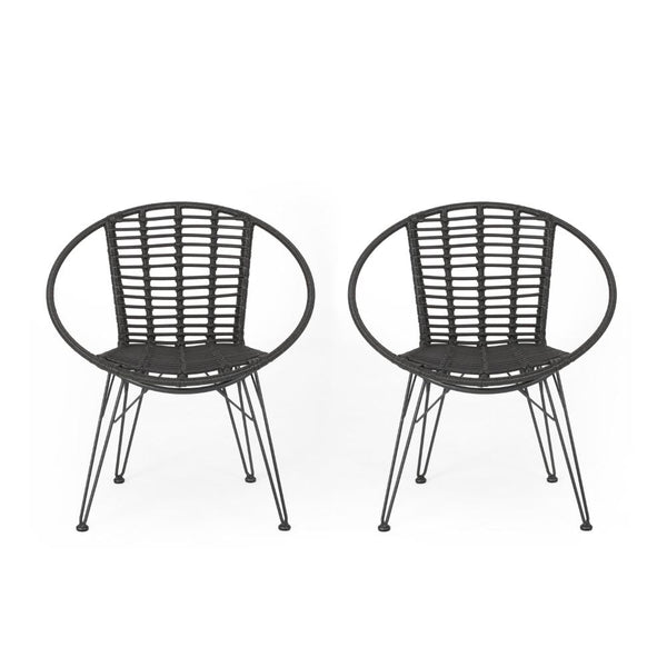 Outdoor Dining Chair Set of 2, Angled Basket Shaped, Gray Rattan, Metal