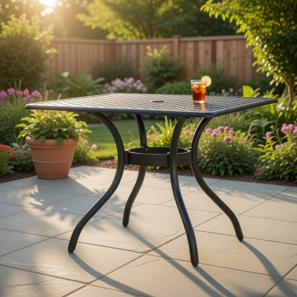 Cay Outdoor Dining Table, 40 Inch Square Top, Black Lattice Metal Design -BM320577