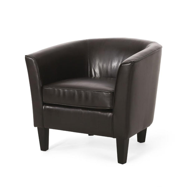 Accent Club Chair, Curved Round Back, Birch Wood, Rich Brown Faux Leather