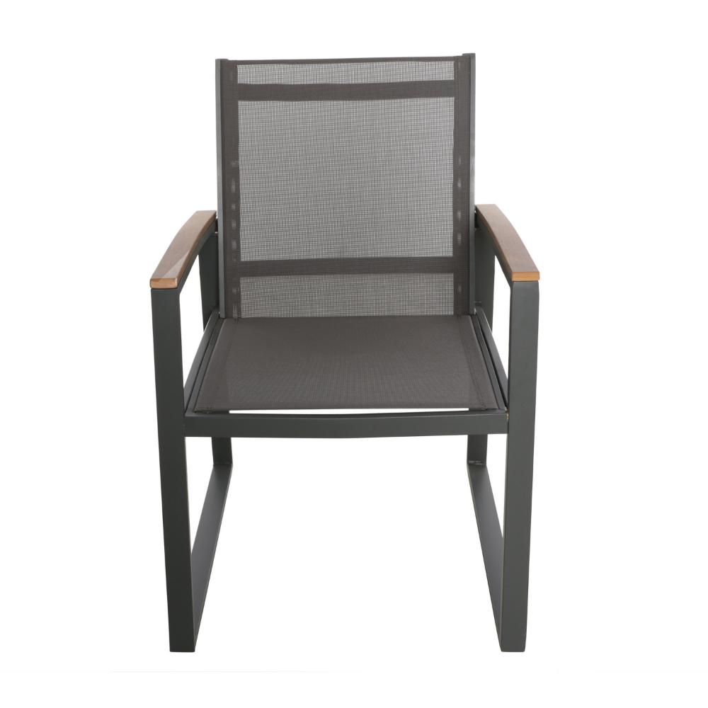 Outdoor Dining Chair Set of 2, Gray Mesh Seat and Brown Faux Wood, Metal -BM320590