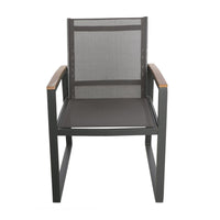 Outdoor Dining Chair Set of 2, Gray Mesh Seat and Brown Faux Wood, Metal -BM320590
