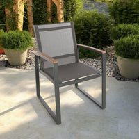 Outdoor Dining Chair Set of 2, Gray Mesh Seat and Brown Faux Wood, Metal -BM320590