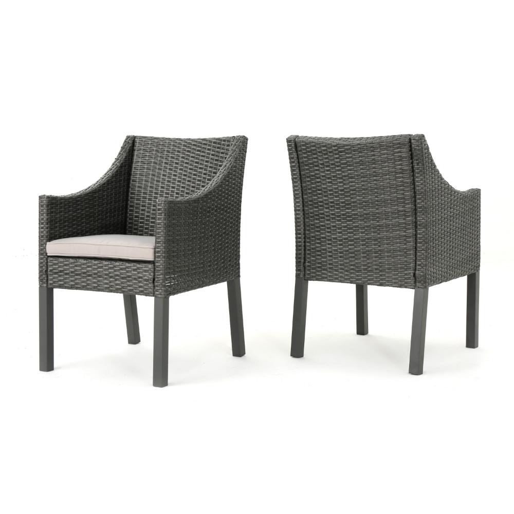 Outdoor Dining Chair, Sloped Arms, Waterproof Rattan, Gray and Silver