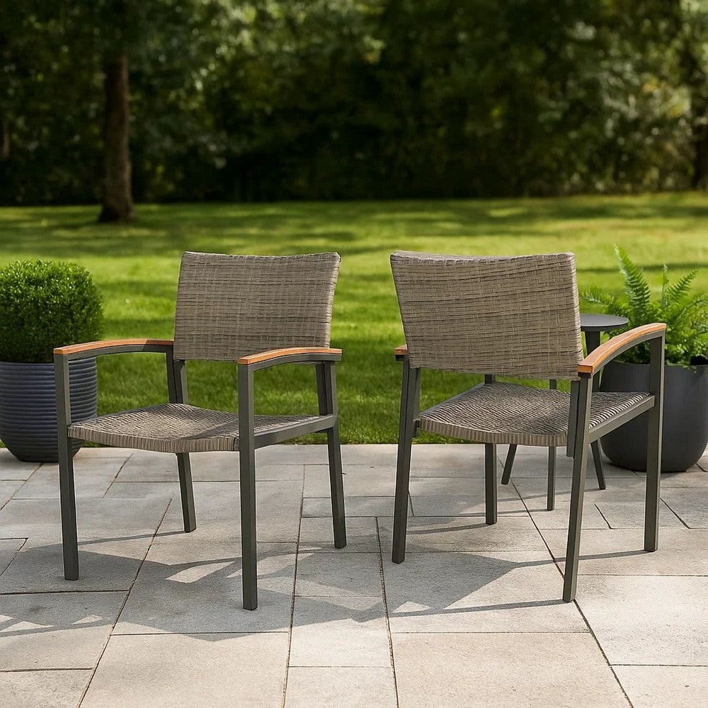 Outdoor Dining Chair Set of 2, Mesh Seat, Gray Rattan and Brown Faux Wood -BM320594