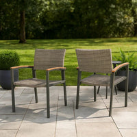 Outdoor Dining Chair Set of 2, Mesh Seat, Gray Rattan and Brown Faux Wood -BM320594