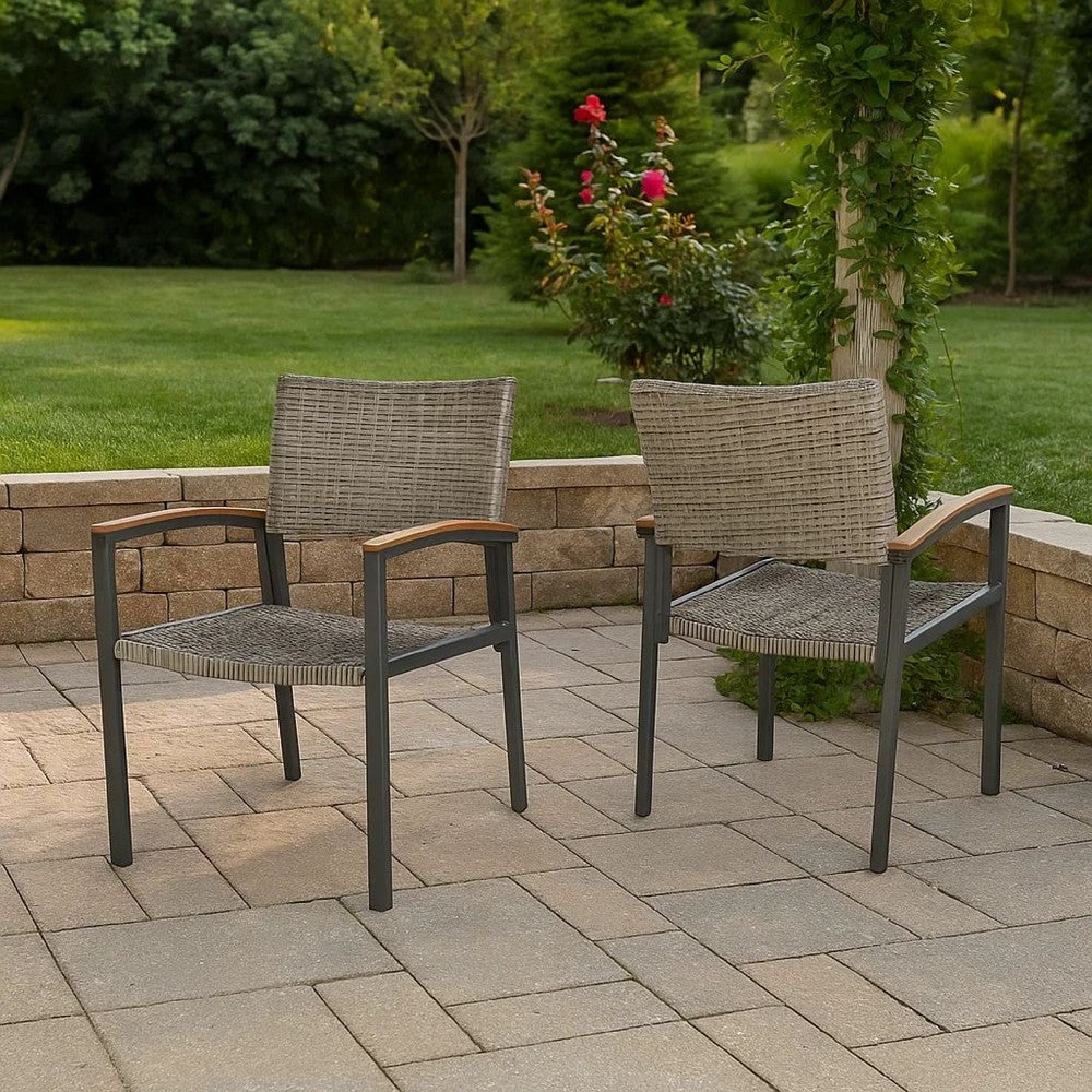 Outdoor Dining Chair Set of 2, Mesh Seat, Gray Rattan and Brown Faux Wood -BM320594