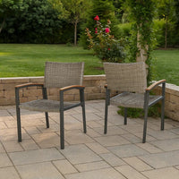 Outdoor Dining Chair Set of 2, Mesh Seat, Gray Rattan and Brown Faux Wood -BM320594