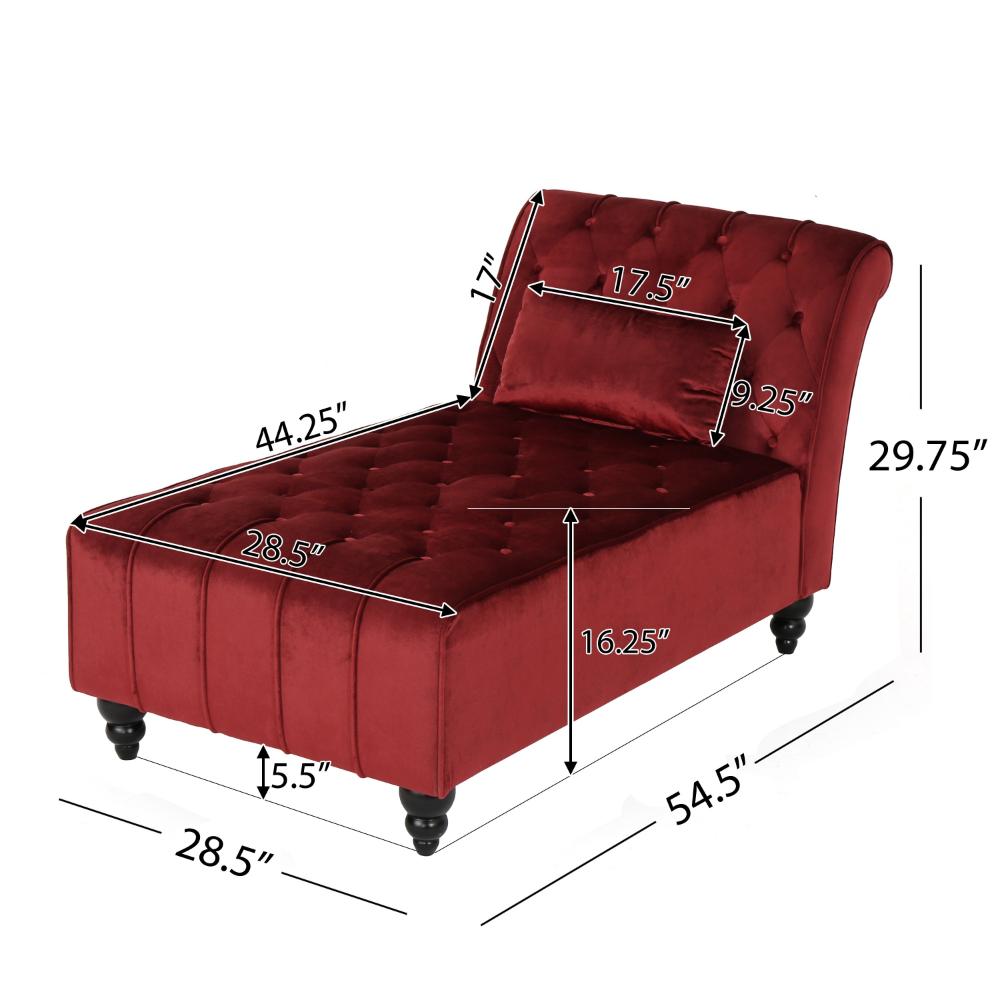 Chaise Lounger, Tufted Design, 55 Inch Birch Wood Frame, Garnet Red Velvet -BM320596