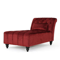 Chaise Lounger, Tufted Design, 55 Inch Birch Wood Frame, Garnet Red Velvet