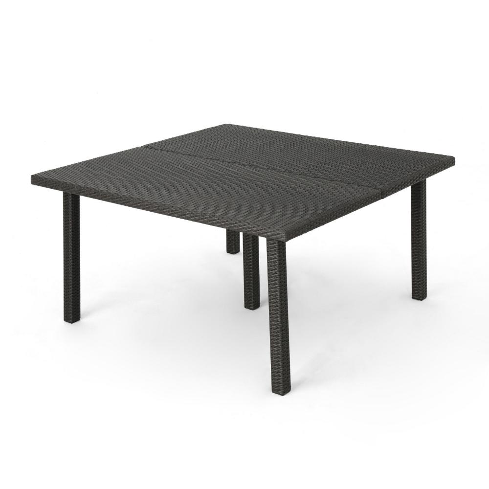 Nona Outdoor Dining Table, 64 Inch Square, Dark Gray Rattan Wood and Iron