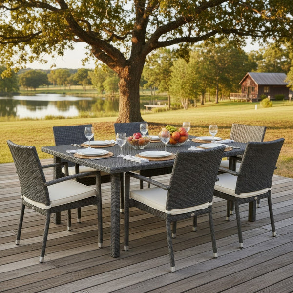 Nona Outdoor Dining Table, 64 Inch Square, Dark Gray Rattan Wood and Iron -BM320599