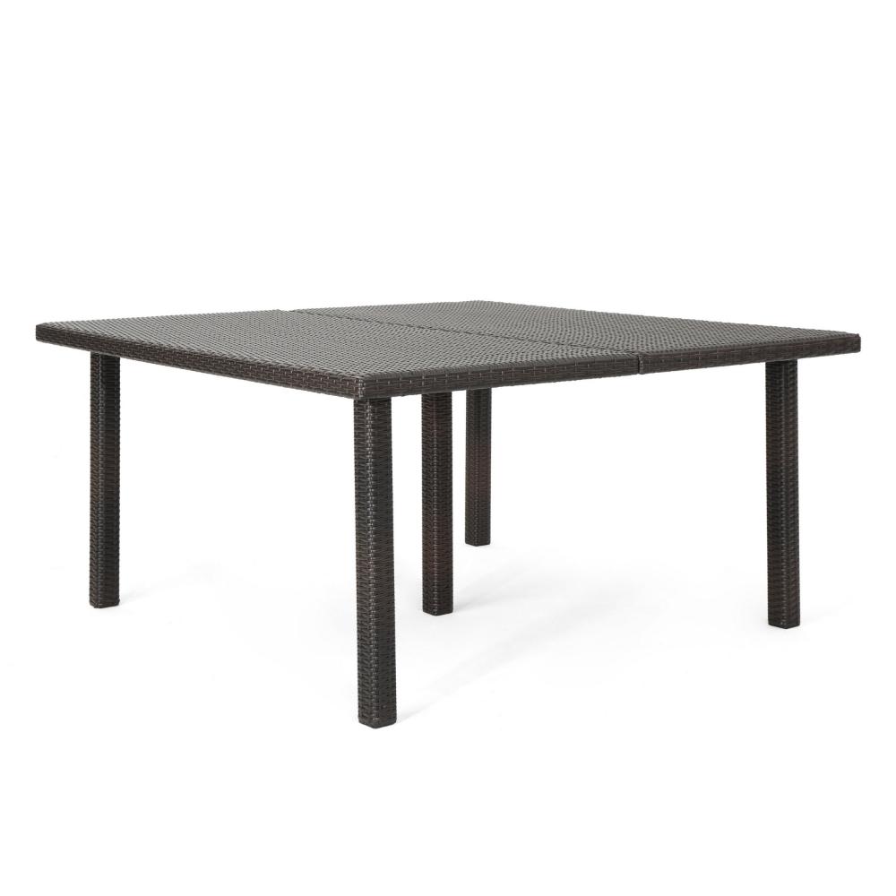 Nona Outdoor Dining Table, 64 Inch Square Top, Brown Rattan Wood, Iron