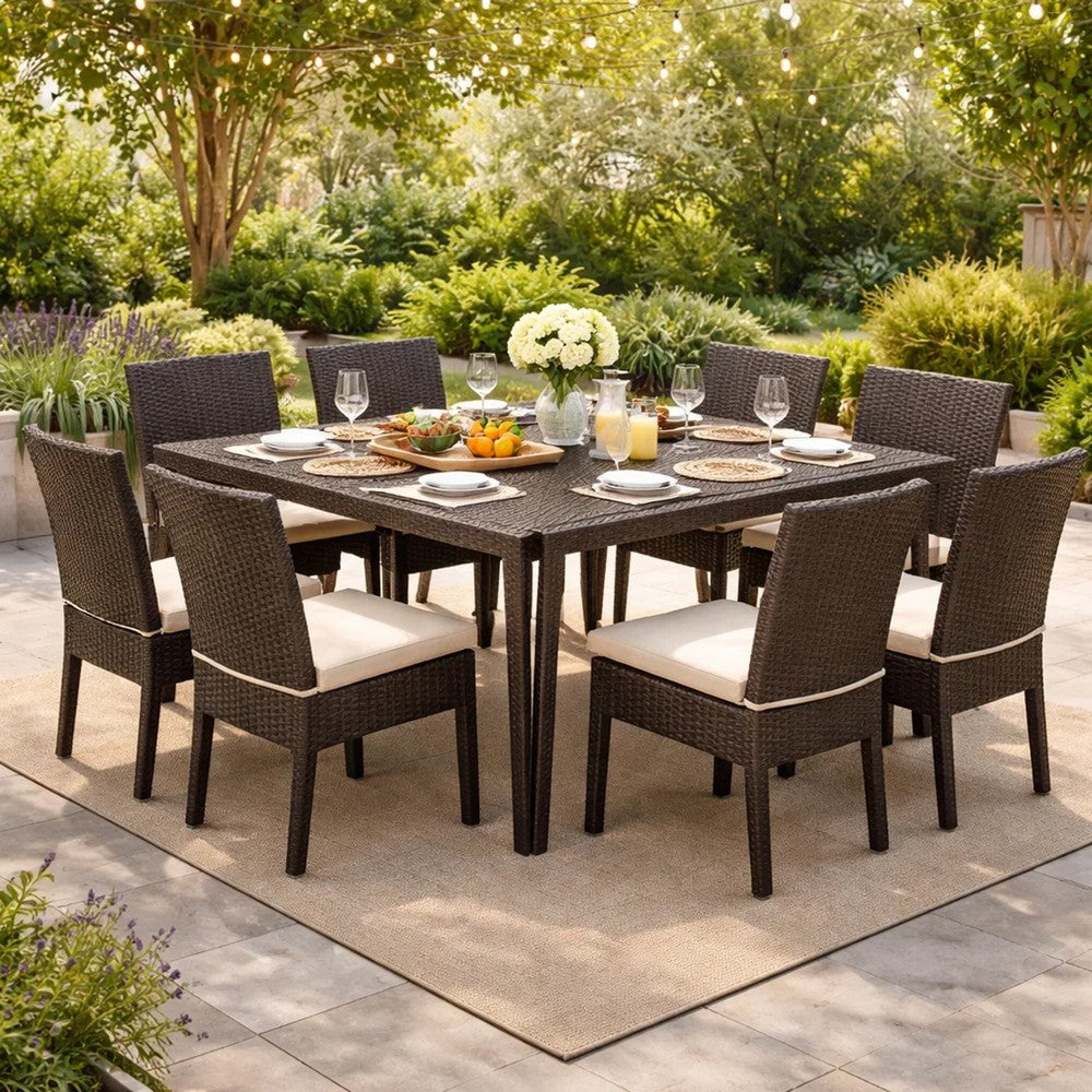 Nona Outdoor Dining Table, 64 Inch Square Top, Brown Rattan Wood, Iron -BM320600