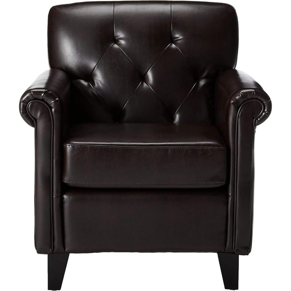Accent Club Chair, 40 Inch, Tufted Back, Full-Padded Brown Faux Leather -BM320602
