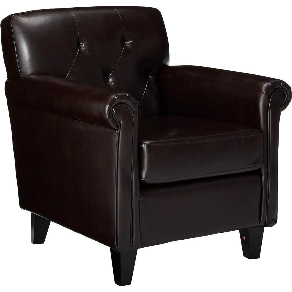 Accent Club Chair, 40 Inch, Tufted Back, Full-Padded Brown Faux Leather