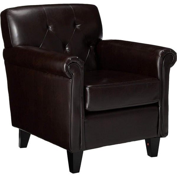 Accent Club Chair, 40 Inch, Tufted Back, Full-Padded Brown Faux Leather