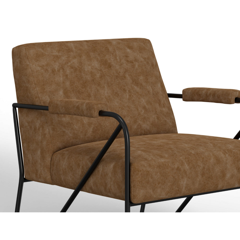 Levy Accent Chair, Cognac Brown Faux Leather, Soft Plush Foam, Black Metal -BM320833