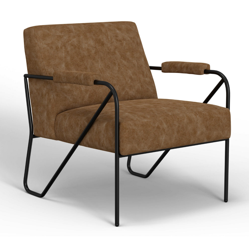 Levy Accent Chair, Cognac Brown Faux Leather, Soft Plush Foam, Black Metal -BM320833