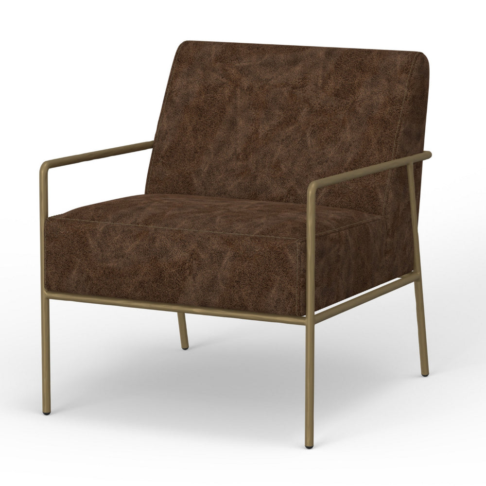 Zili Accent Chair, Chocolate Brown Faux Leather, Plush Foam, Gold Metal -BM320892