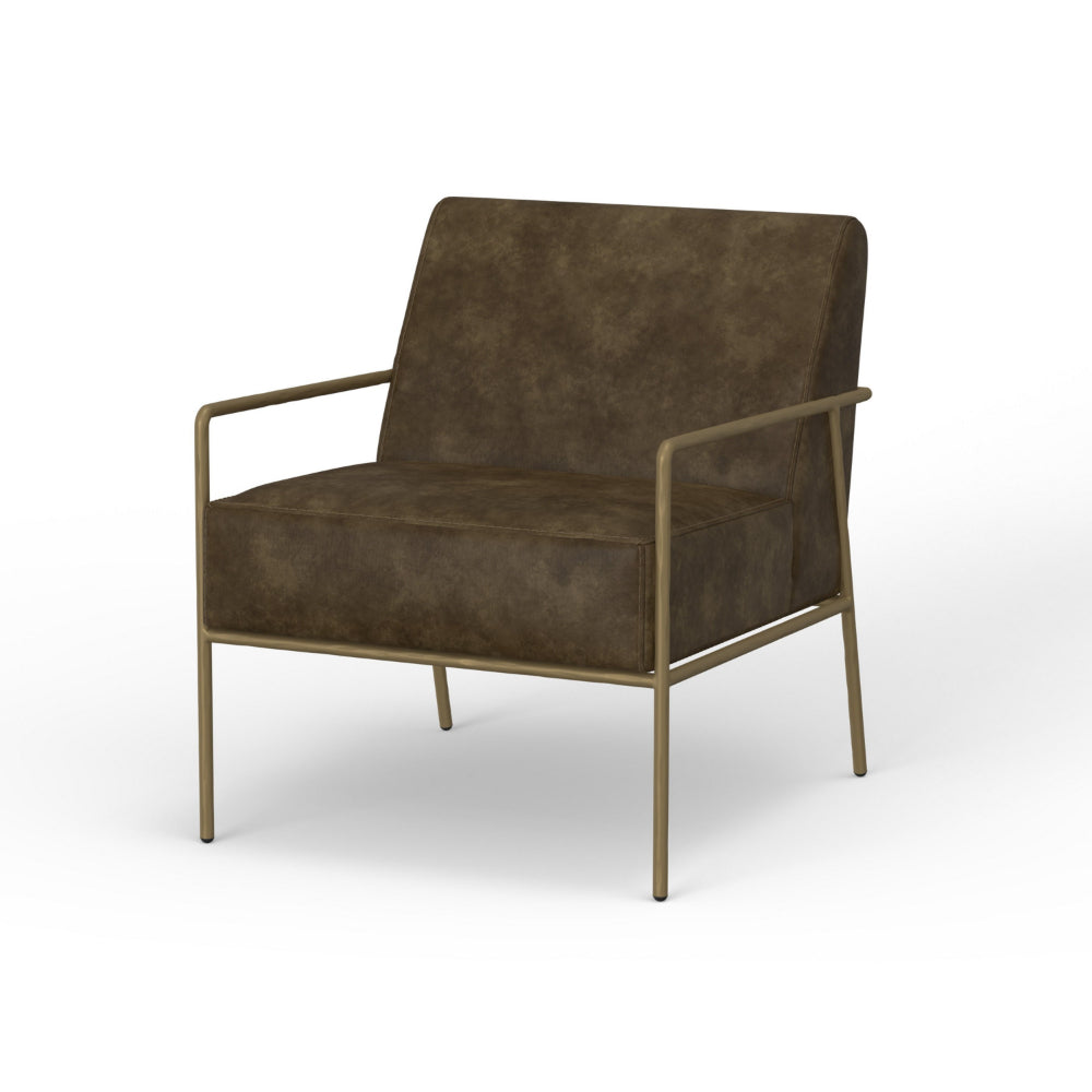 Zili Accent Chair, Brown Faux Leather, Plush Foam, Sleek Gold Metal Finish -BM320893