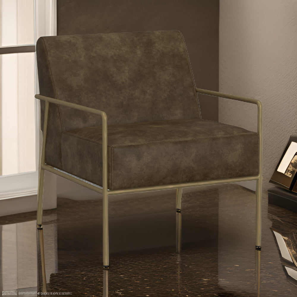 Zili Accent Chair, Brown Faux Leather, Plush Foam, Sleek Gold Metal Finish -BM320893