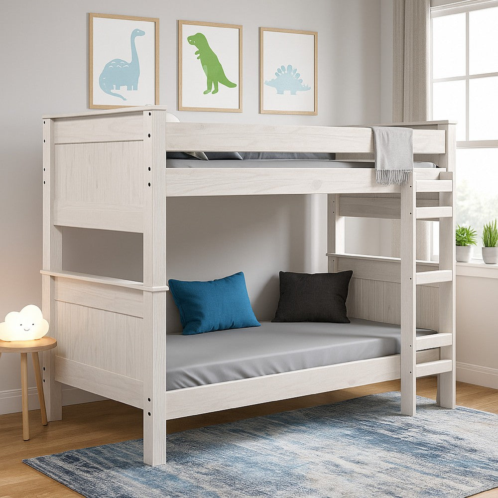 Twin/Twin Bunk Bed with Ladder, Brazilian Pine, Solid Wood, White - BM321092