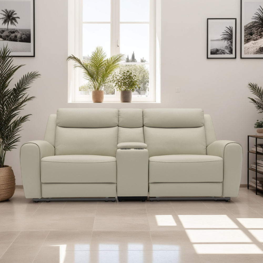 Cobe Manual Recliner Loveseat, 41 Inch, Center Console, Grain Beige Leather -BM321102