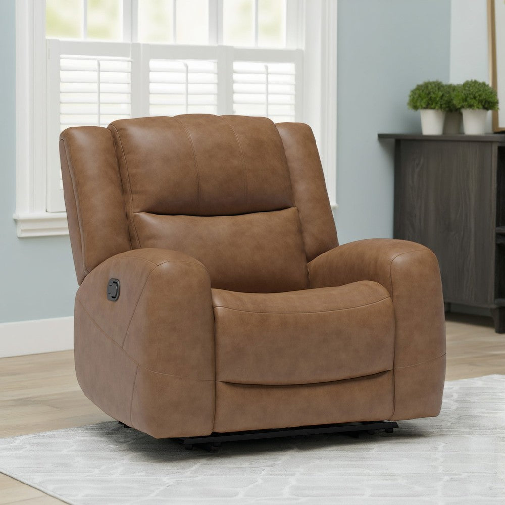 Leos Manual Recliner Chair, Contour Armrest, Wood Frame, Brown Leather -BM321114