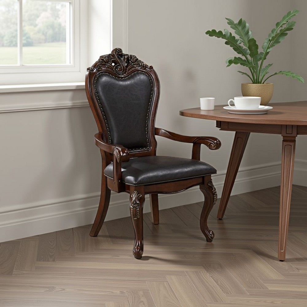 Zenie Dining Armchair Set of 2, Carved Cabriole, Faux Leather, Cherry Brown -BM321126