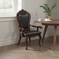 Zenie Dining Armchair Set of 2, Carved Cabriole, Faux Leather, Cherry Brown -BM321126