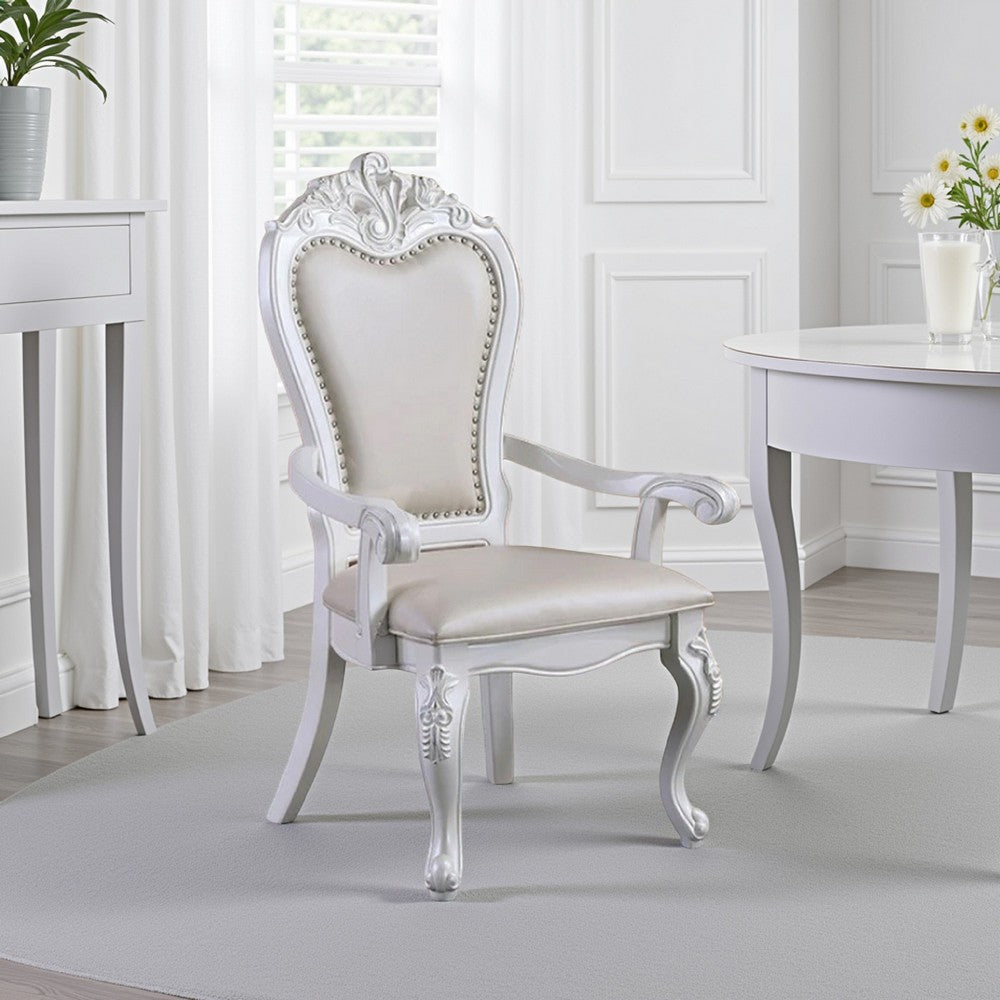 Zenie Dining Armchair Set of 2, Carved Cabriole, Faux Leather, White Wood -BM321127