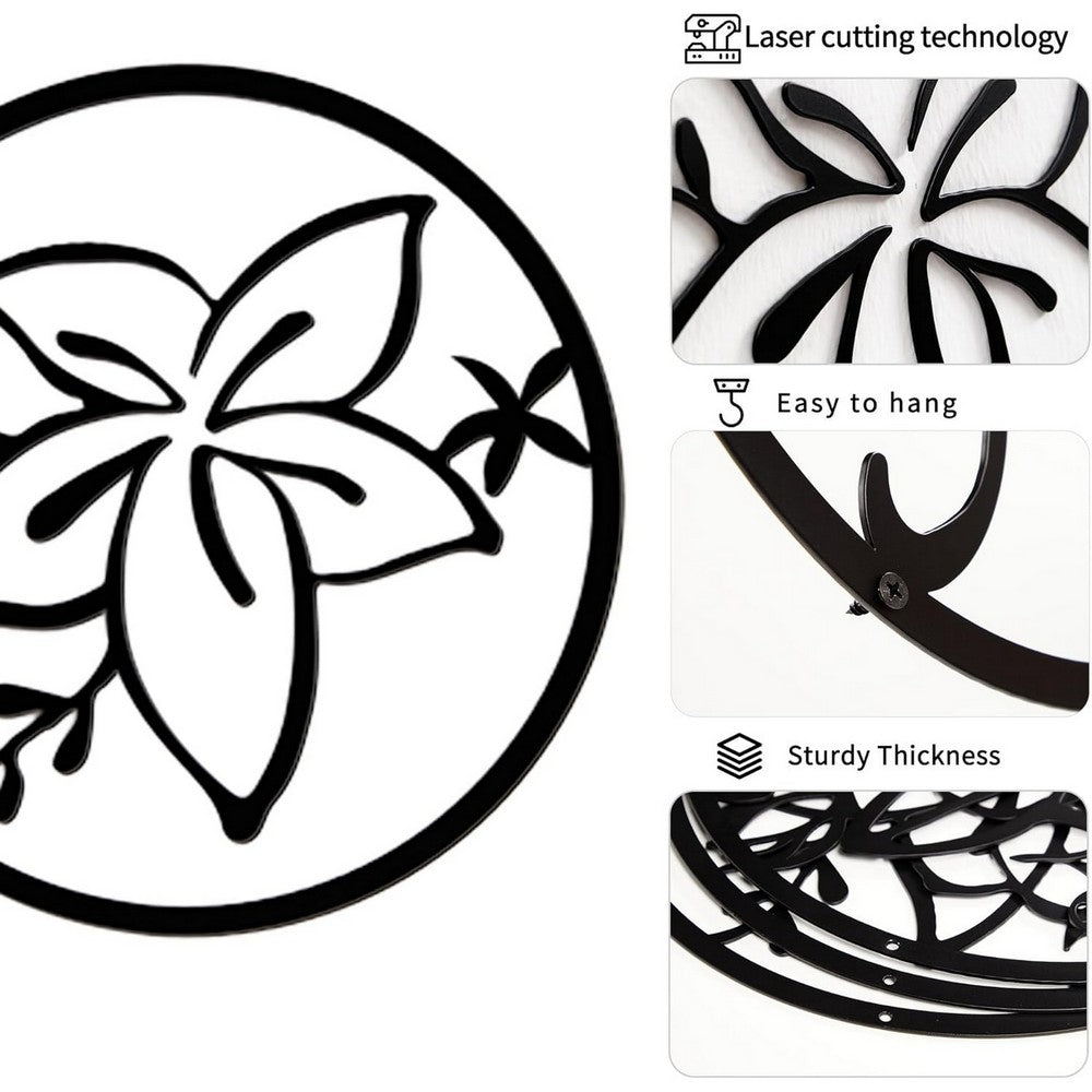 Cinq 3 Piece Set Wall Decor, Floral Hollow Out Abstract Design, Black Round Metal Frame - BM321139