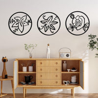Cinq 3 Piece Set Wall Decor, Floral Hollow Out Abstract Design, Black Round Metal Frame - BM321139