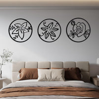 Cinq 3 Piece Set Wall Decor, Floral Hollow Out Abstract Design, Black Round Metal Frame - BM321139